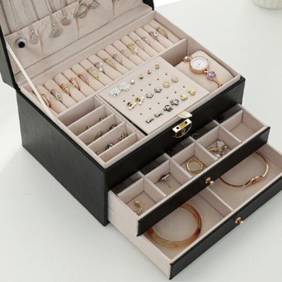 Best Gift Idea Three Layer Lockable PU Leather Jewelry Storage Box w/ Drawers - Picture 7 of 9